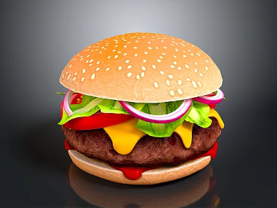 Juicy Burger with Fresh Lettuce Tomato Onion Melted Cheese and Sesame Seed Bun 3d model