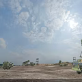 Military Missile Launch Vehicles In Open Field During Sunset With Cloudy Sky