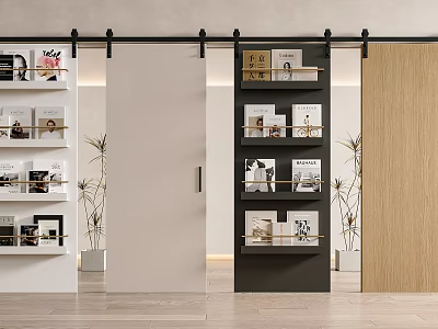 White Black and Wooden Sliding Doors in Modern Interior Display Area with Bookshelves and Plants 3d model