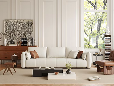 Modern Living Room Interior With White Sofa Decorative Artwork Wooden Coffee Table And Large Window 3d model