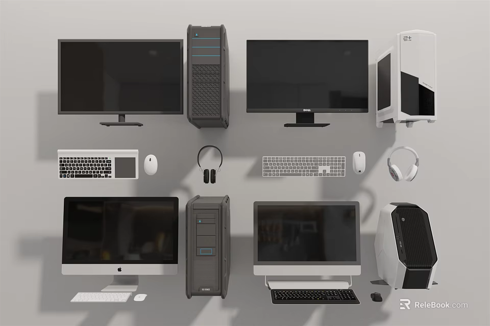 Desktop Computer Components Including Monitors CPU Towers Keyboards Mice And Headphones 3d model 