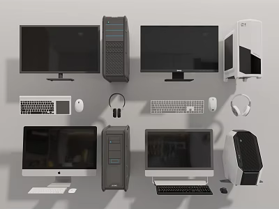 Desktop Computer Components Including Monitors CPU Towers Keyboards Mice And Headphones 3d model