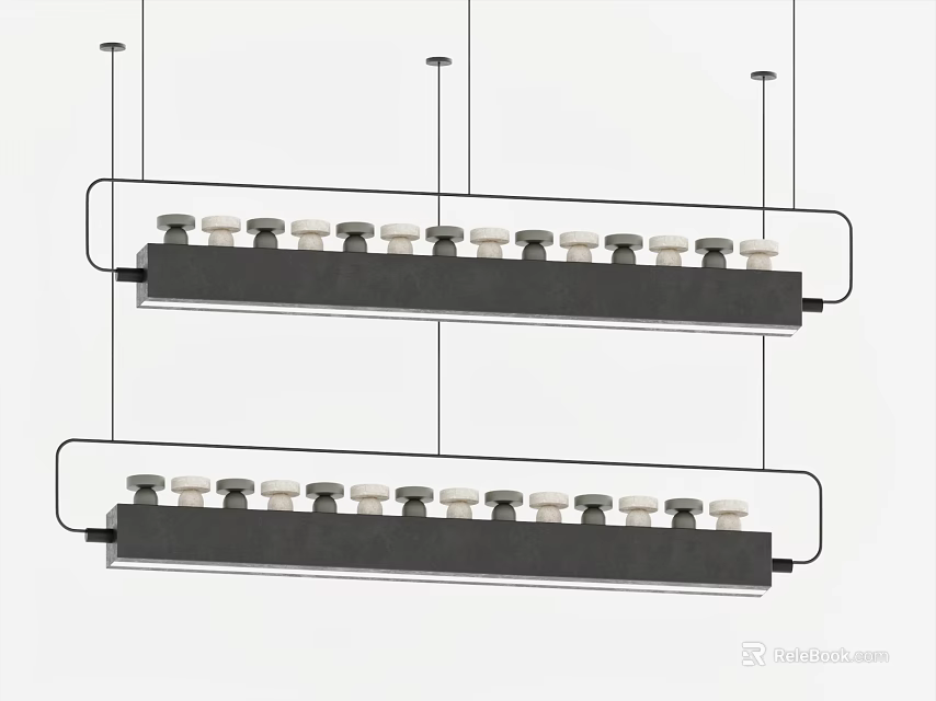 Modern Two Linear Black Frame Pendant Lights With Multiple White Lamp Shades 3d model 