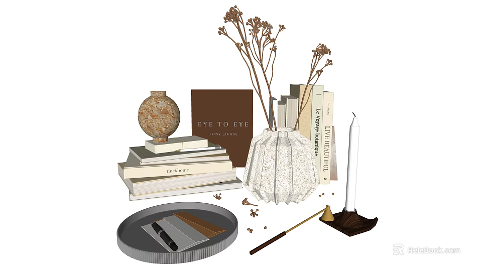 Elegant Decorative Ornament Set With Stack Of Books Dried Flowers Lace Vase And Candle 3d model 