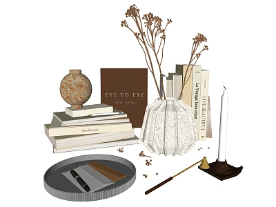 Elegant Decorative Ornament Set With Stack Of Books Dried Flowers Lace Vase And Candle 3d model