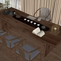 Traditional Wooden Tea Table and Chairs with Teacups Teapot Potted Plant Open Book and Lantern