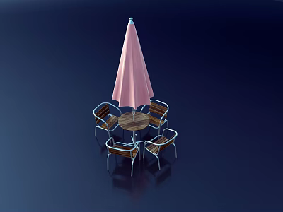 Outdoor Table Set With Wooden Top Metal Frame Chairs And Pink Umbrella 3d model