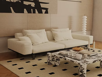 Beige Three Seater Sofa With Cushions Living Room Black And White Checkered Rug Coffee Table 3d model