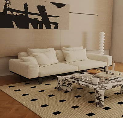 Beige Three Seater Sofa With Cushions Living Room Black And White Checkered Rug Coffee Table 3d model