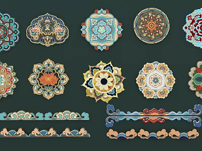 Traditional Colorful Carving Designs with Floral Geometric Patterns and Decorative Motifs 3d model