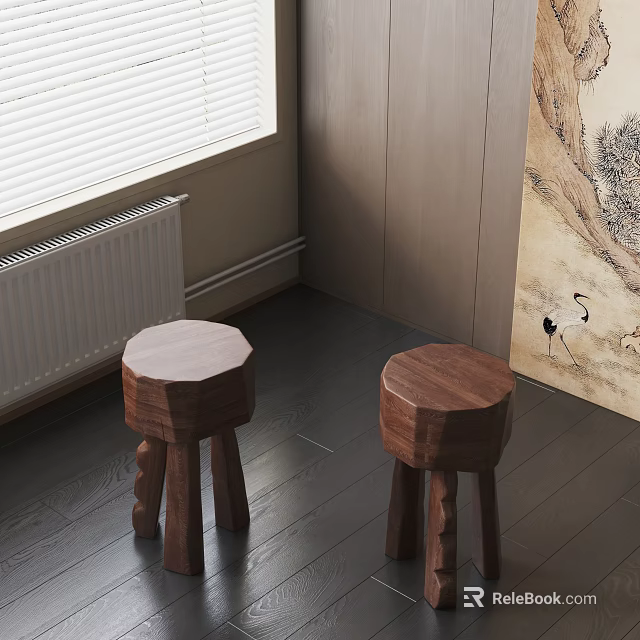 Wooden Stools With Round Top Carved Legs Near Window Blinds Dark Wooden Floor 3d model 