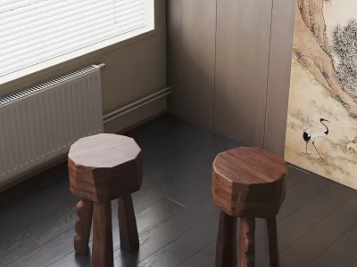 Wooden Stools With Round Top Carved Legs Near Window Blinds Dark Wooden Floor 3d model