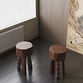 Wooden Stools With Round Top Carved Legs Near Window Blinds Dark Wooden Floor