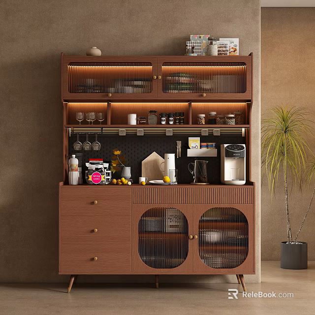 Minimalist Wooden Sideboard With Open Shelves Closed Cabinets Glasses Coffee Maker And Potted Plant 3d model 