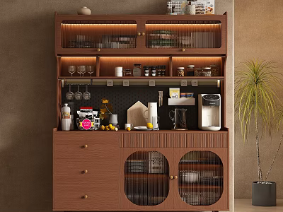 Minimalist Wooden Sideboard With Open Shelves Closed Cabinets Glasses Coffee Maker And Potted Plant 3d model