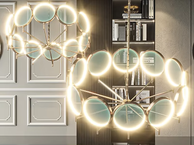 Elegant Modern Chandelier with Circular Illuminated Rings and Metal Frame Near Decorative Bookshelves 3d model