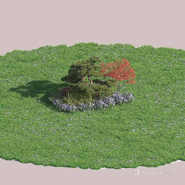 Green Lawn Garden Plant Combination With Pine Tree Red Leaf And Purple Flowers 3d model 
