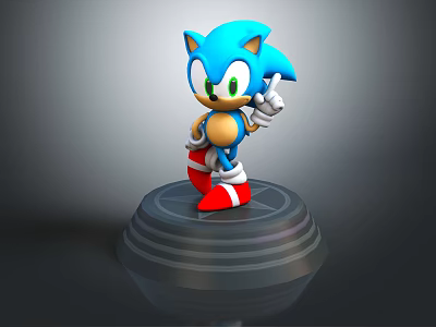 Blue Hedgehog Character Standing On Gray Platform Pointing Upward With Finger 3d model