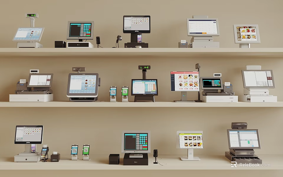 Various Modern Retail Cash Registers Different Models on Shelves with Digital Screens 3d model 