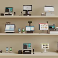 Various Modern Retail Cash Registers Different Models on Shelves with Digital Screens