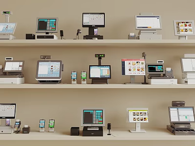 Various Modern Retail Cash Registers Different Models on Shelves with Digital Screens 3d model