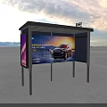 Bus Stop Shelter With Car Advertisement On Open Ground Under Colorful Sky