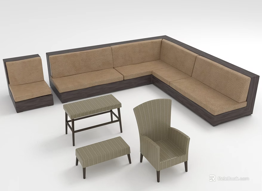 L shaped Brown Upholstered Sofa Set With Wooden Frame Side Table And Accent Chair 3d model 