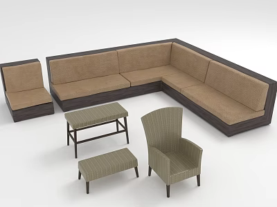 L shaped Brown Upholstered Sofa Set With Wooden Frame Side Table And Accent Chair 3d model