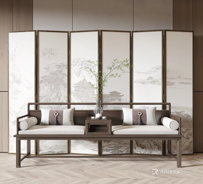Chinese Style Two Seater Sofa With Cushions Side Table And Green Plant By Landscape Screen 3d model 