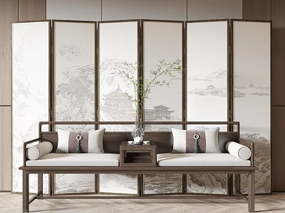 Chinese Style Two Seater Sofa With Cushions Side Table And Green Plant By Landscape Screen 3d model