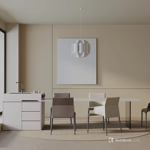 Modern Dining Table Set With White Gray Chairs White Cabinet Hanging Lamp And Wall Art 3d model 