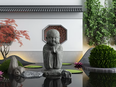 Garden Ornament Stone Monk With Clasped Hands In Pond Lotus Leaves Green Plants Red Maple 3d model