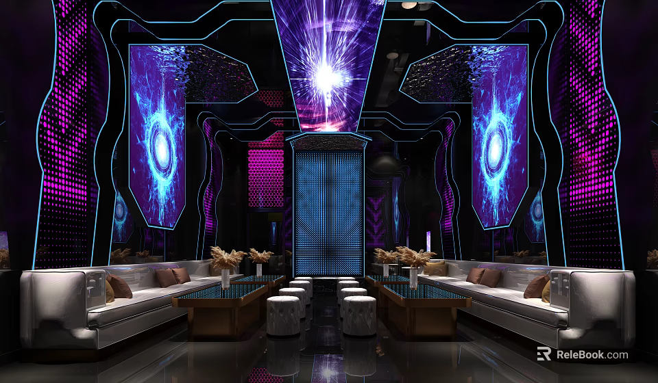 Futuristic KTV Interior Design With Purple Blue Neon Lights Large Screens And Sofas 3d model 