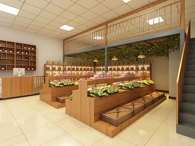 Various Fresh Fruits Displayed On Wooden Shelves In Bright Modern Fruit Store Interior 3d model