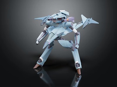 Light Blue Futuristic Sleek Mech Robot With Wing Structure In Standing Pose On Dark Background 3d model