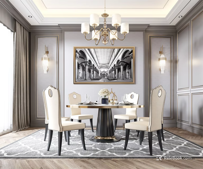 Elegant Modern Dining Room Interior With Round Table White Chairs Chandelier And Wall Art 3d model 