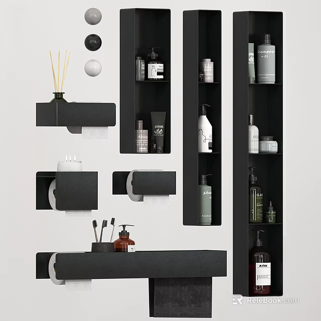 Modern Bathroom Accessories with Wall Mounted Shelves Toiletries Bottles and Storage Organizers 3d model 