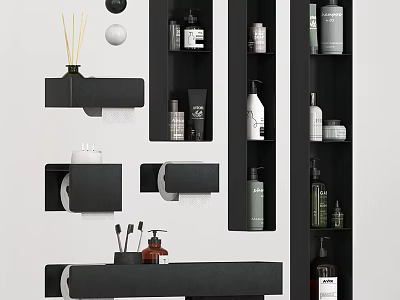 Modern Bathroom Accessories with Wall Mounted Shelves Toiletries Bottles and Storage Organizers 3d model