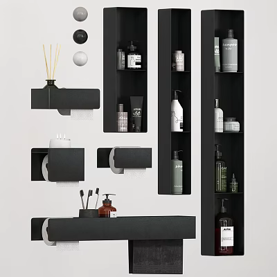 Modern Bathroom Accessories with Wall Mounted Shelves Toiletries Bottles and Storage Organizers 3d model