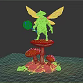 Green Winged Creature Holding Glowing Orb On Red Spotted Mushroom With Small Mossy Mushrooms