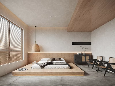 Modern Minimalist Bedroom Interior With Wooden Ceiling Platform Bed Pendant Lamp Wooden Blinds And Plants 3d model