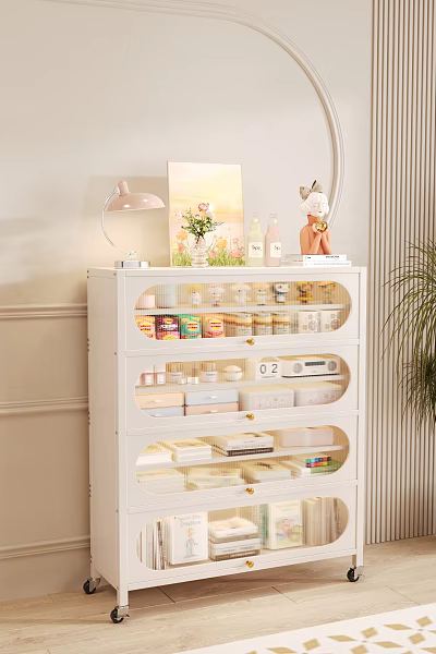 White Storage Cabinet With Transparent Compartments Organizing Cosmetics And Decorative Items 3d model