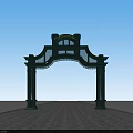 Green Arched Entrance Gate with Ornate Metal Design and Brick Paved Pathway Under Blue Sky