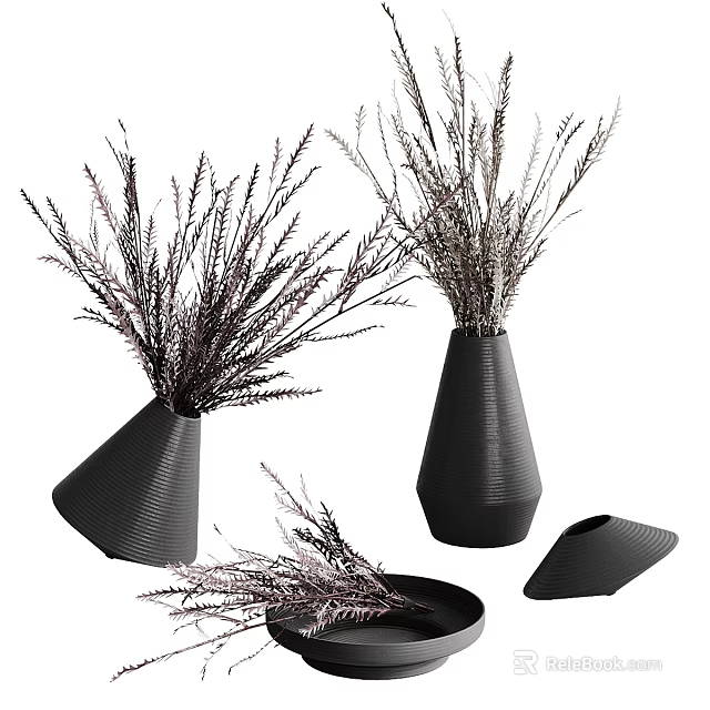 Stylish Black Vases With Dried Plants For Modern Home Decoration 3d model 