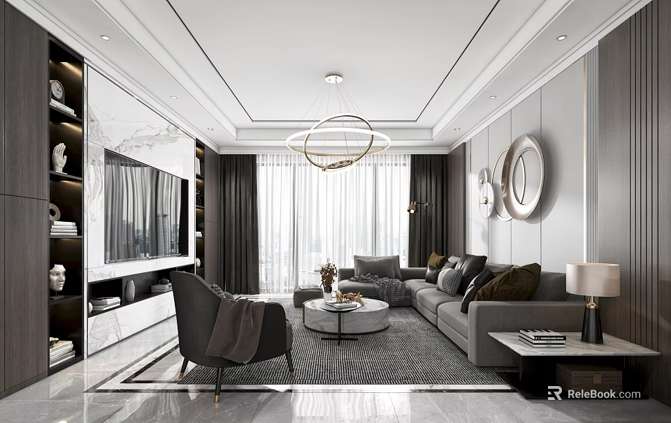 Modern Elegant Living Dining Room Interior Design With Sofa Coffee Table And Chandelier 3d model 