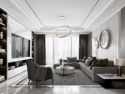 Modern Elegant Living Dining Room Interior Design With Sofa Coffee Table And Chandelier 3d model