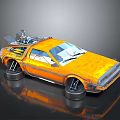 Orange Retro Futuristic Car With Roof Equipment And Black Wheels Metallic Finish