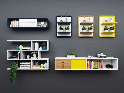 Stylish Modern Wall Cabinets in Blue Yellow and Wood Tones with Books Plants and Decor 3d model
