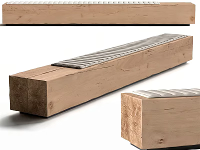 Modern Wooden Public Chair Design With Long Solid Wood Structure And Metal Slats 3d model