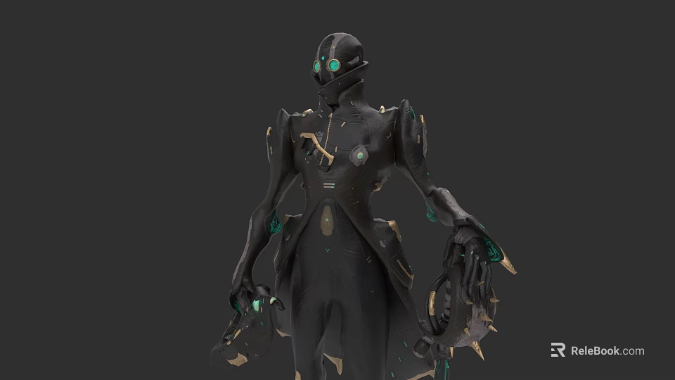 Black Mechanical Humanoid Figure With Green Glowing Accents And Gold Metallic Details 3d model 